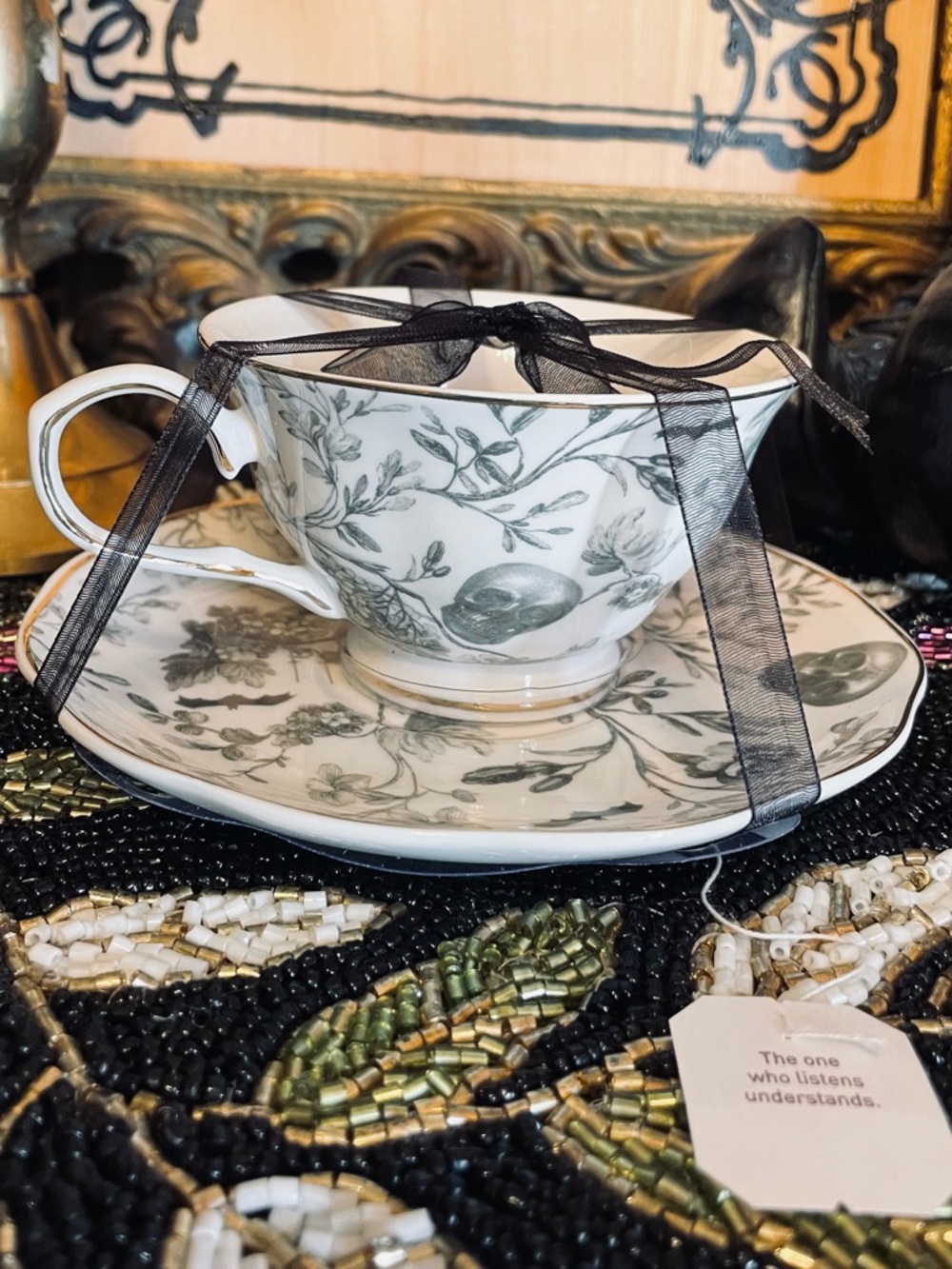 PARK CHATEAU Skull Teacup And Saucer Set Gothic Aesthetic Botanical Pattern